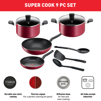 TEFAL Super Cook 12 pc set frypans 22/24 cm, stewpots 22/24/28 cm, wokpan  28 cm, spoon, slotted spoon, slotted spatula B243SC87
